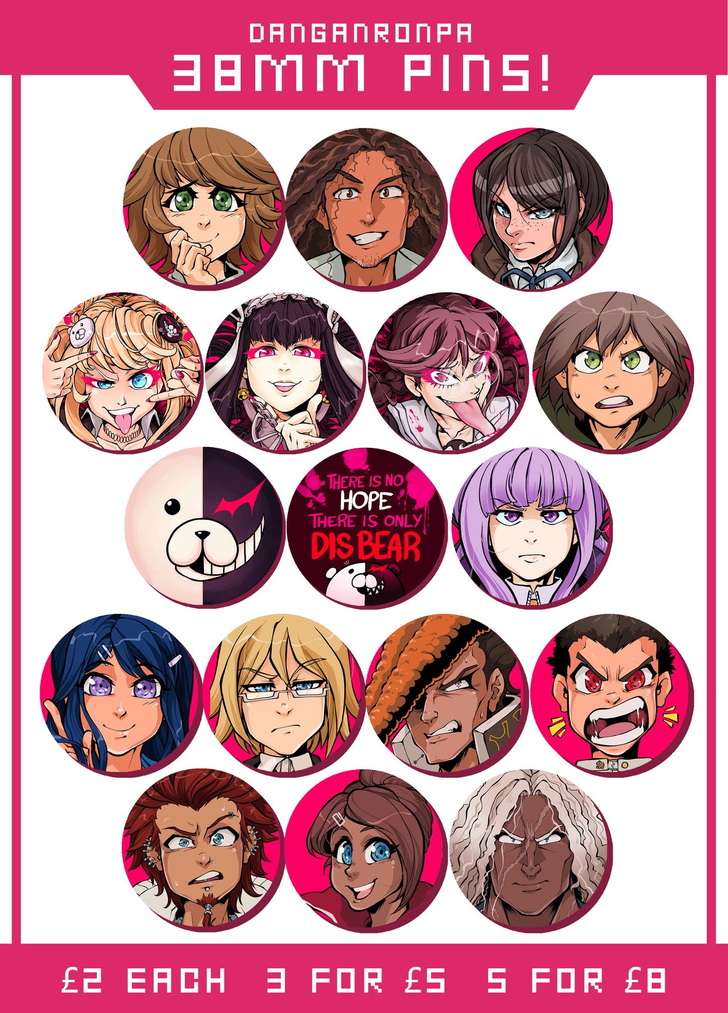 Dangan Inspired Badge Pins 38mm