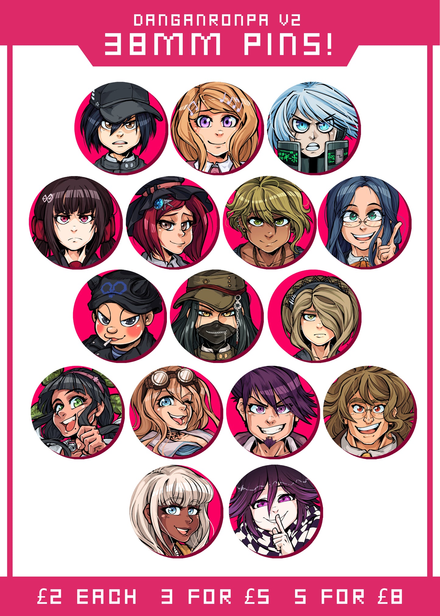 DRV3 Inspired Badge Pins 38mm
